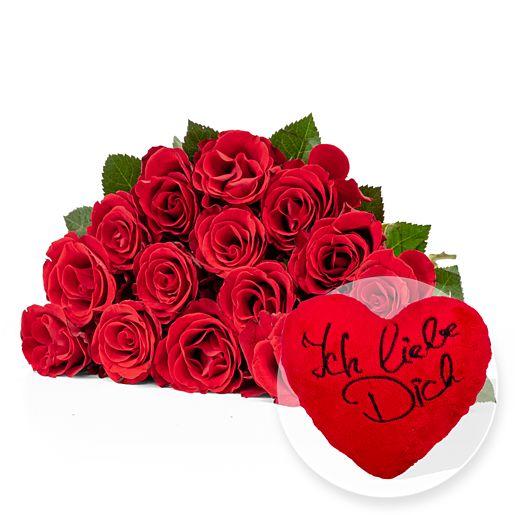 Rosenstrauß aus 15 roten Fairtrade-Rosen mit Kuschel-Herz „Ich liebe Dich“