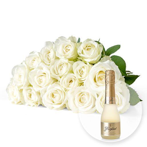 Rosenstrauß aus 15 weißen Fairtrade-Rosen mit Freixenet Semi Seco