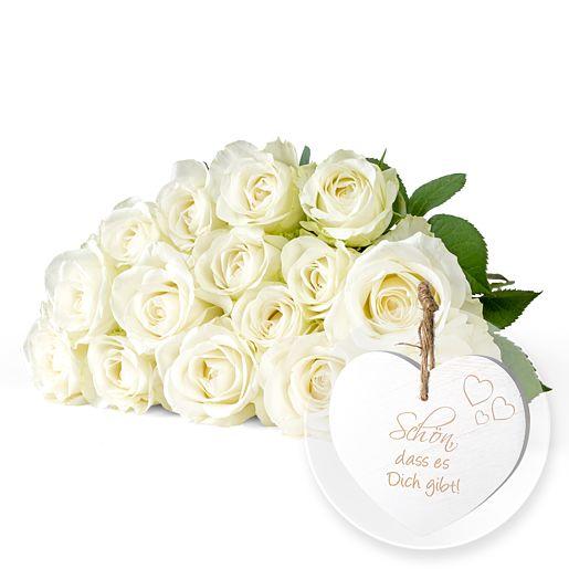 Rosenstrauß aus 15 weißen Fairtrade-Rosen mit Holz-Herz „Schön, dass es Dich gibt!“
