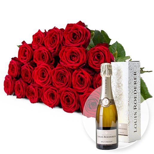 Rosenstrauß aus 20 roten Premium-Rosen mit Champagner Louis Roederer Brut Premier