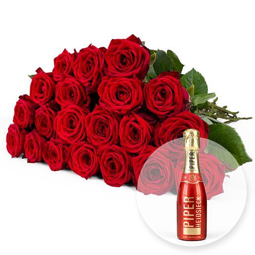 Rosenstrauß aus 20 roten Premium-Rosen mit Champagner Piper Heidsieck