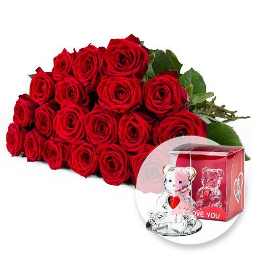 Rosenstrauß aus 20 roten Premium-Rosen mit Glasbär mit Herz