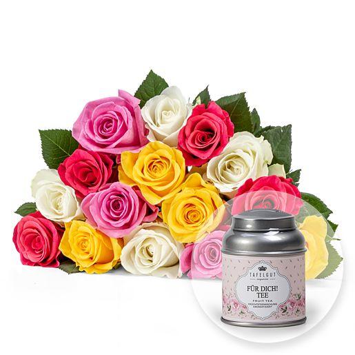 Rosenstrauß mit 15 farbigen Fairtrade-Rosen inkl. Tafelgut-Tee „Für Dich“