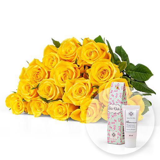 Rosenstrauß mit 15 gelben Fairtrade-Rosen inkl. Blütenrausch Pfingstrosen-Handcreme „Für Dich“