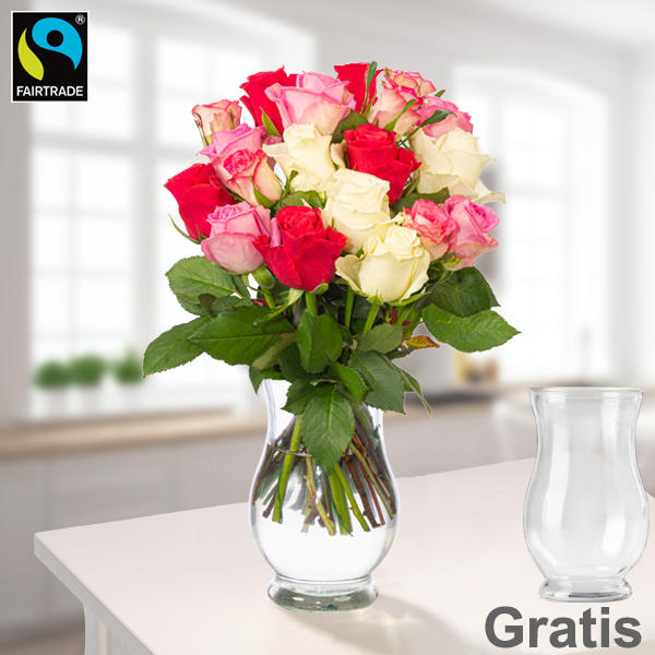 Rosenstrauß mit 19 pastellfarbenen Rosen inkl. Vase & Lindt Pralinen