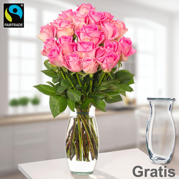 Rosenstrauß mit 20 pinken Rosen inkl. gratis Vase