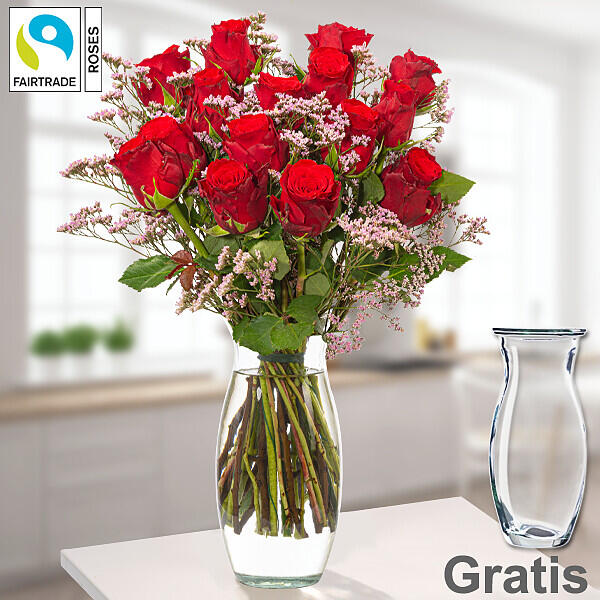 Schöner Rosenstrauß mit 15 roten Rosen inkl. Vase