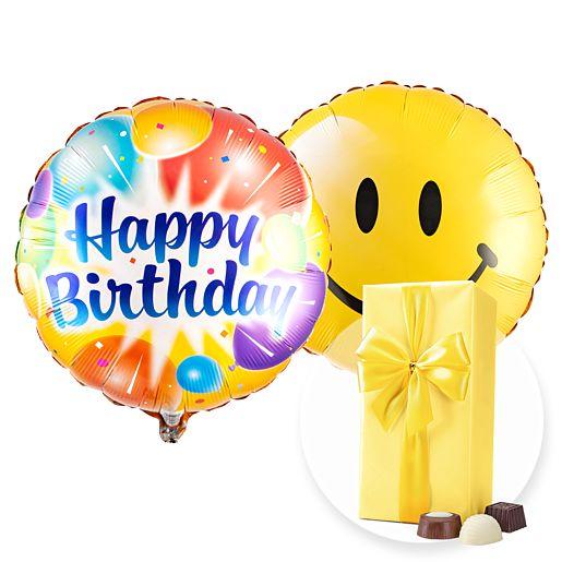 Set Heliumballons Happy Birthday! mit Belgischen Pralinen