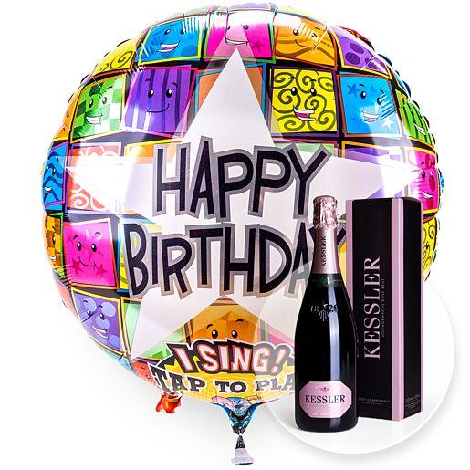Singender Happy Birthday Faces-Ballon mit Kessler Rose Sekt