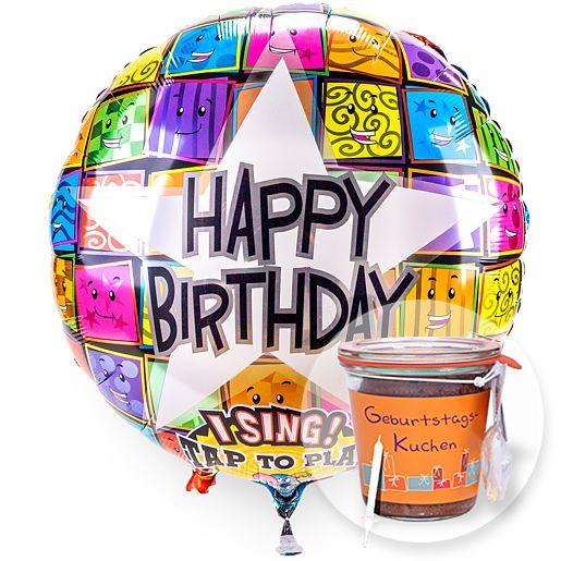 Singender Happy Birthday Faces-Ballon mit Kuchen im Glas