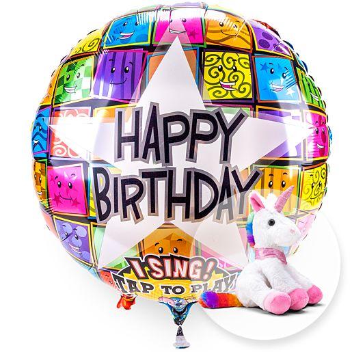 Singender Happy Birthday Faces Heliumballon mit Plüsch-Einhorn