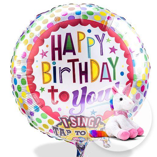 Singender Happy Birthday to You-Ballon mit Plüsch-Einhorn