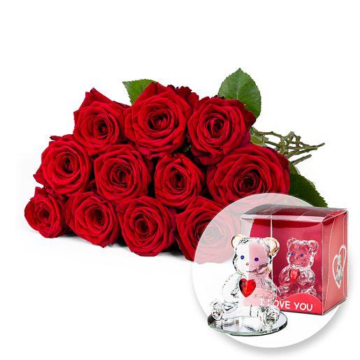 Strauß aus 12 roten langstieligen Premium-Rosen inkl. Glasbär mit Herz