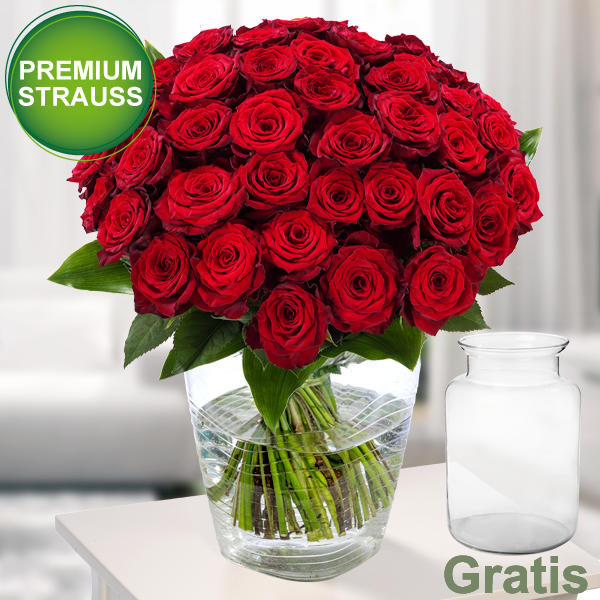 Traumstrauß mit 50 rote Rosen inkl. Vase und Grußkarte
