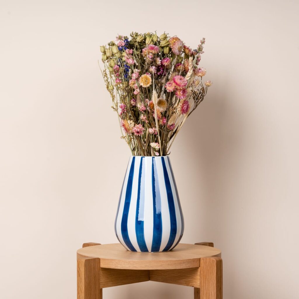 Vase Keramik Streifen Weiß Blau