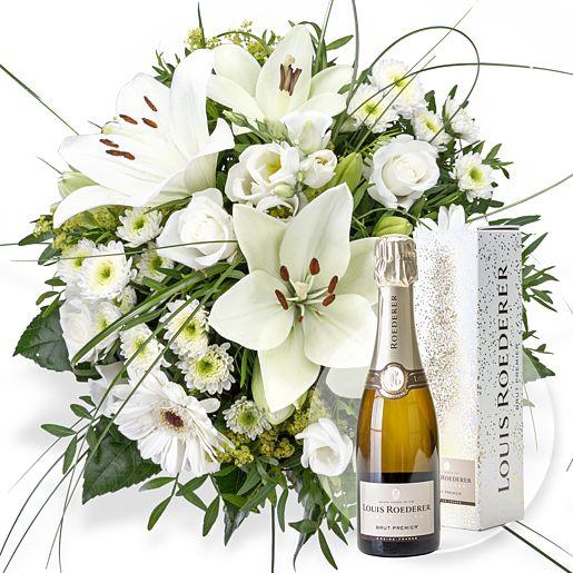 Weißer Blumenstrauß Allegra mit Champagner Louis Roederer Brut Premier