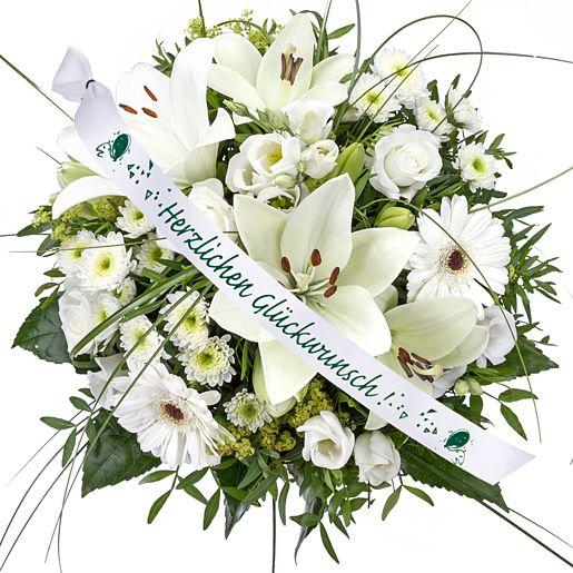 Weißer gemischter Blumenstrauß Allegra mit Schleife