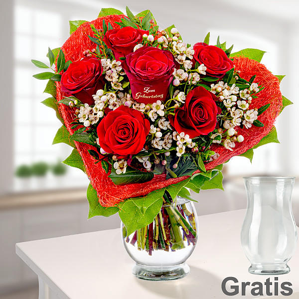 Zum Geburtstag für die Liebsten: Rosenstrauß mit goldbedruckter Rose